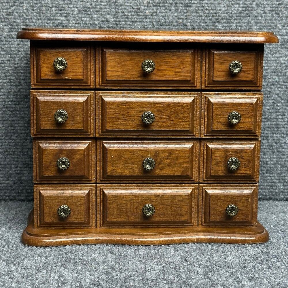 Vintage wooden jewelry box chest drawers hinged top three drawers velvet lined